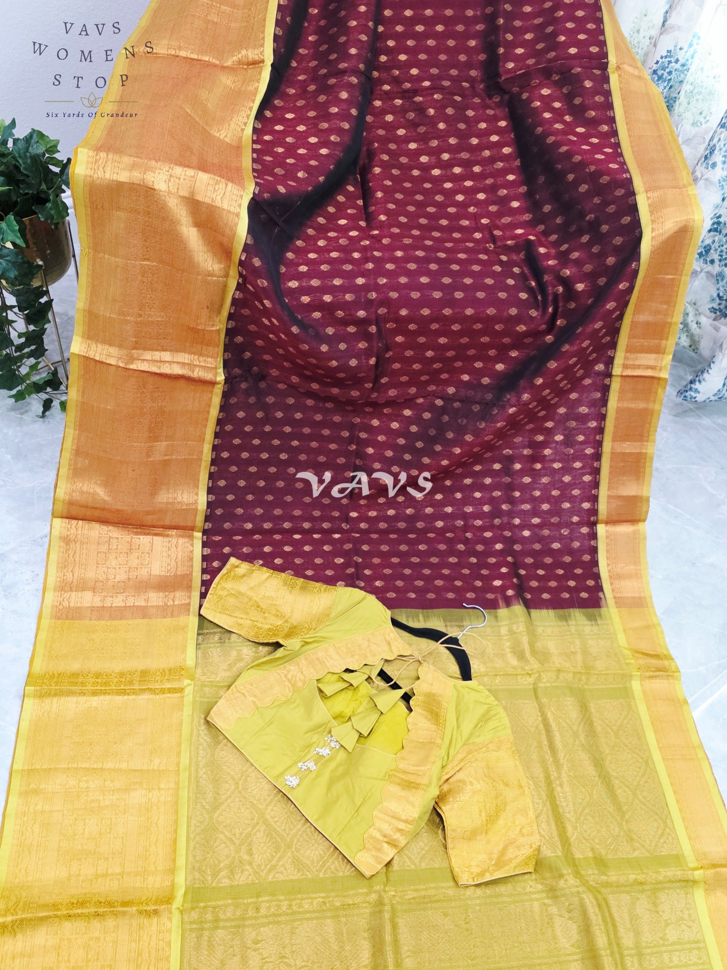 Royal Burgundy Wine & Antique Gold Mangalagiri Pattu Handloom Silk Cotton Saree with Stitched Blouse