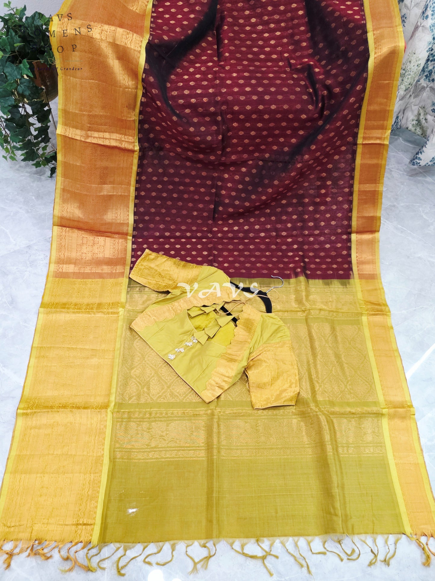 Royal Burgundy Wine & Antique Gold Mangalagiri Pattu Handloom Silk Cotton Saree with Stitched Blouse