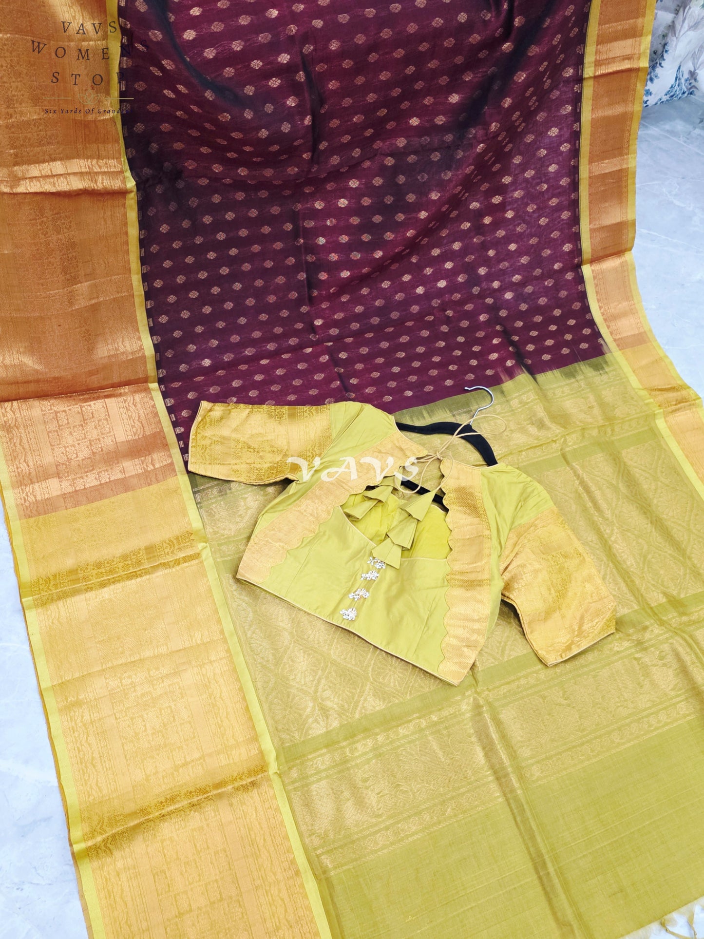 Royal Burgundy Wine & Antique Gold Mangalagiri Pattu Handloom Silk Cotton Saree with Stitched Blouse