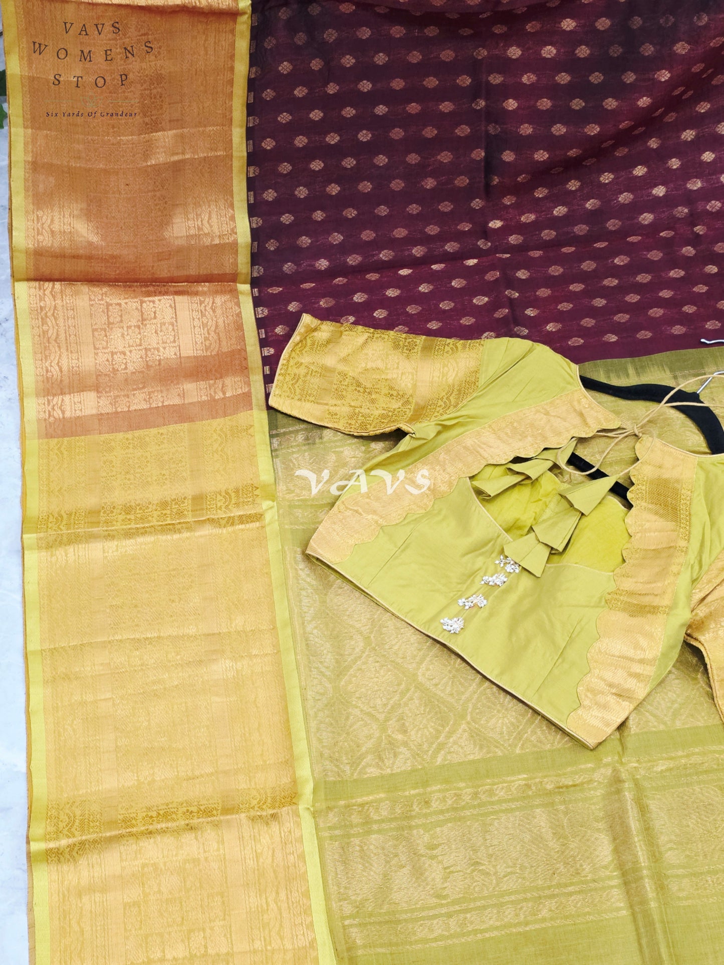 Royal Burgundy Wine & Antique Gold Mangalagiri Pattu Handloom Silk Cotton Saree with Stitched Blouse