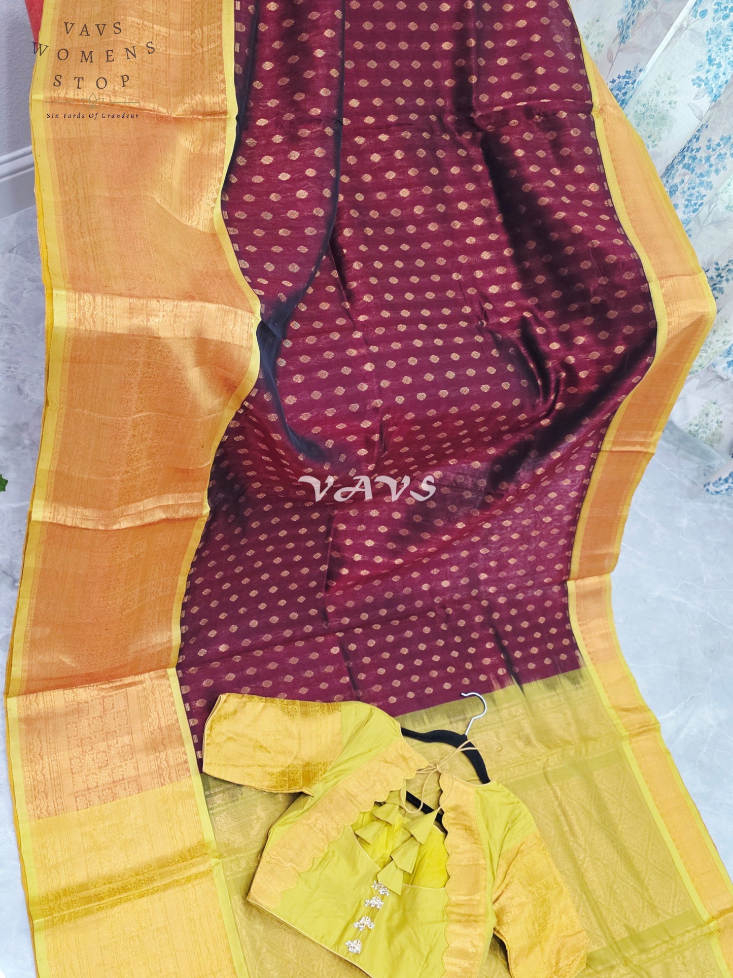 Royal Burgundy Wine & Antique Gold Mangalagiri Pattu Handloom Silk Cotton Saree with Stitched Blouse