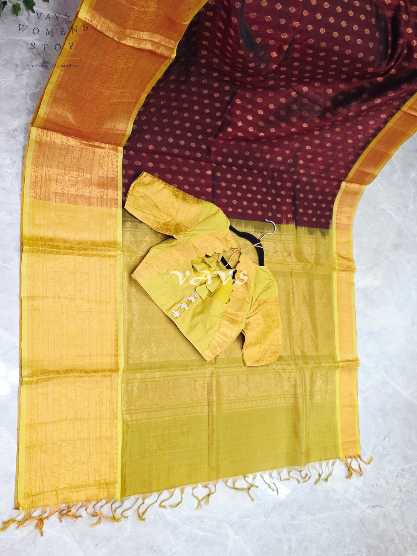Royal Burgundy Wine & Antique Gold Mangalagiri Pattu Handloom Silk Cotton Saree with Stitched Blouse