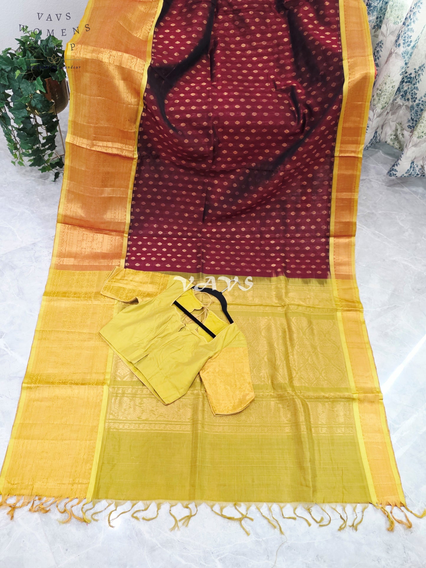 Royal Burgundy Wine & Antique Gold Mangalagiri Pattu Handloom Silk Cotton Saree with Stitched Blouse