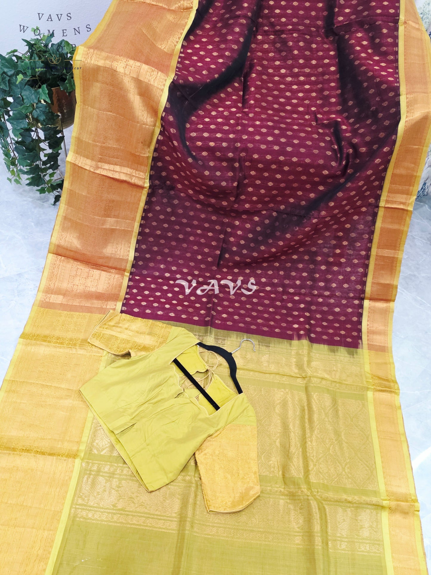 Royal Burgundy Wine & Antique Gold Mangalagiri Pattu Handloom Silk Cotton Saree with Stitched Blouse