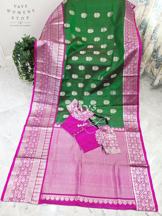Royal Emerald Green & Fuchsia Pink Pure Venkatagiri Handloom Saree with Silver Zari Buttas & Premium Stitched Blouse