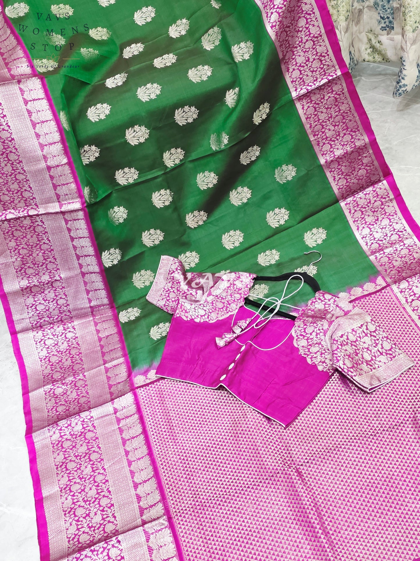 Royal Emerald Green & Fuchsia Pink Pure Venkatagiri Handloom Saree with Silver Zari Buttas & Premium Stitched Blouse