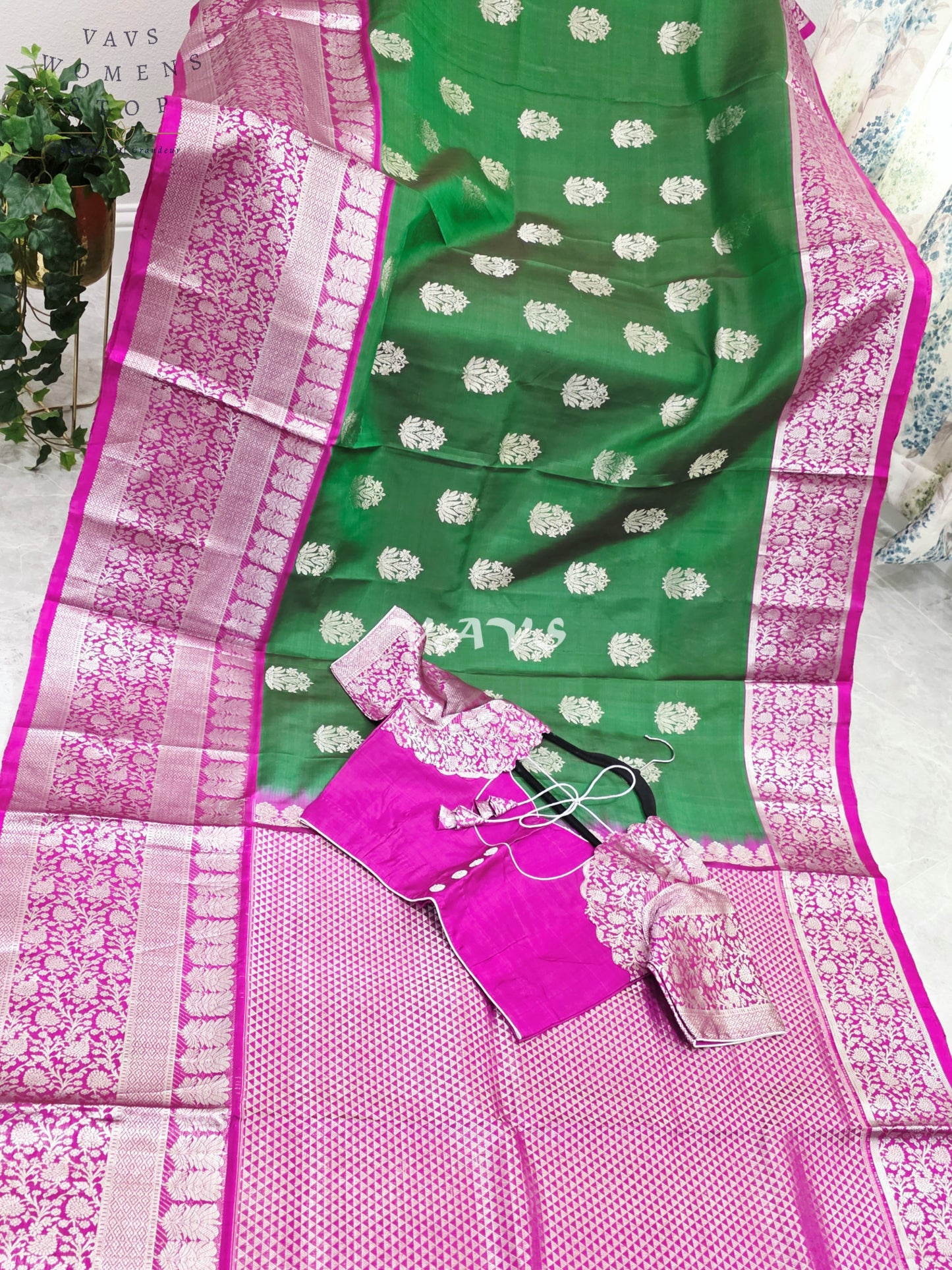 Royal Emerald Green & Fuchsia Pink Pure Venkatagiri Handloom Saree with Silver Zari Buttas & Premium Stitched Blouse
