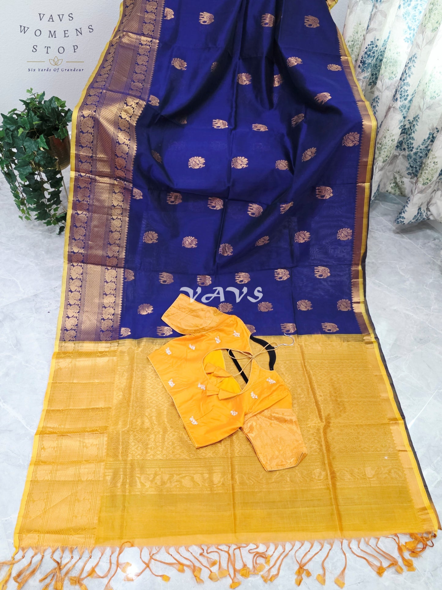 Royal Midnight Navy & Golden Marigold Mangalagiri Pattu Handloom Silk Cotton Saree with Antique Gold Zari Buttas & Stitched Blouse