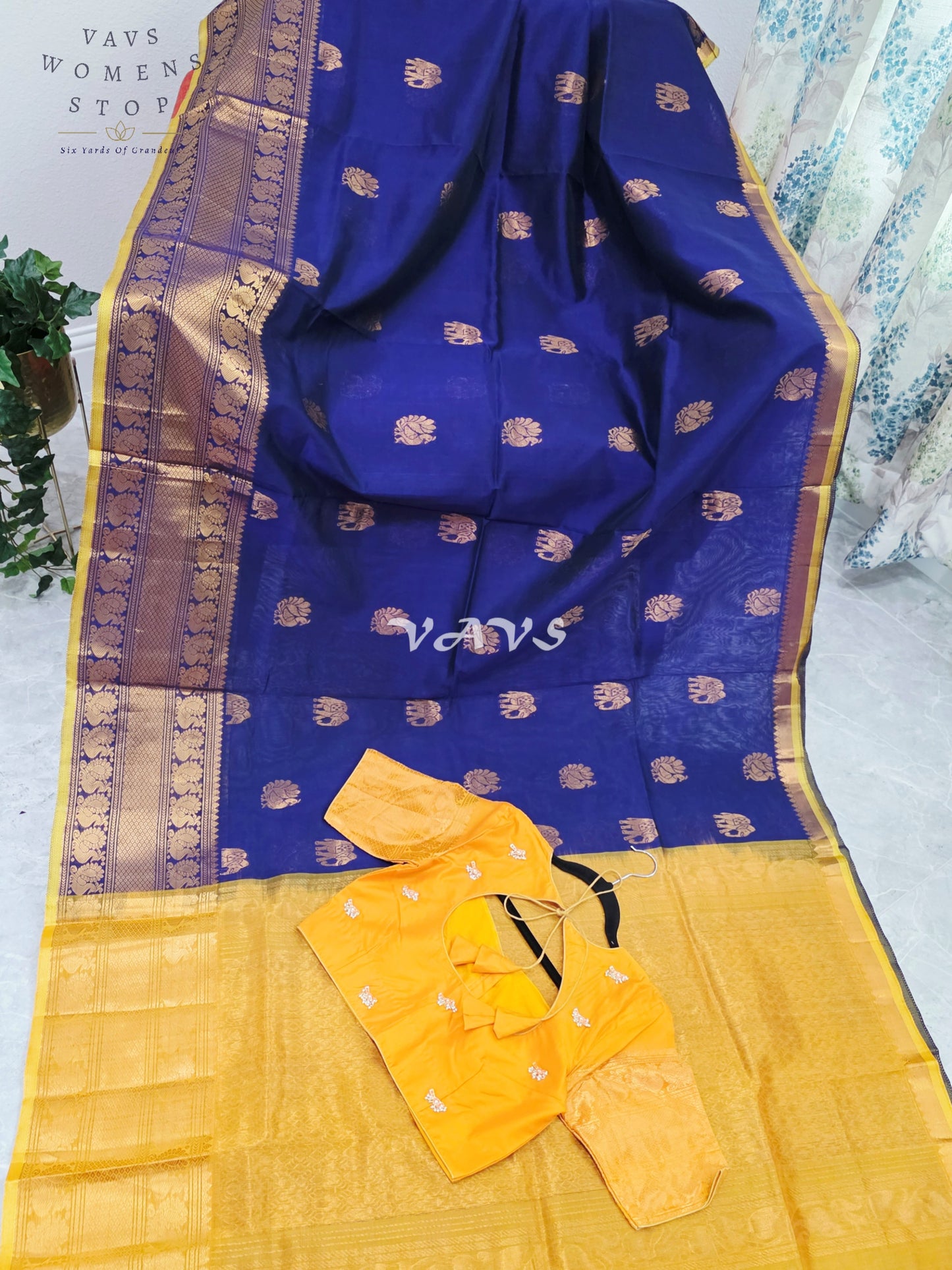 Royal Midnight Navy & Golden Marigold Mangalagiri Pattu Handloom Silk Cotton Saree with Antique Gold Zari Buttas & Stitched Blouse
