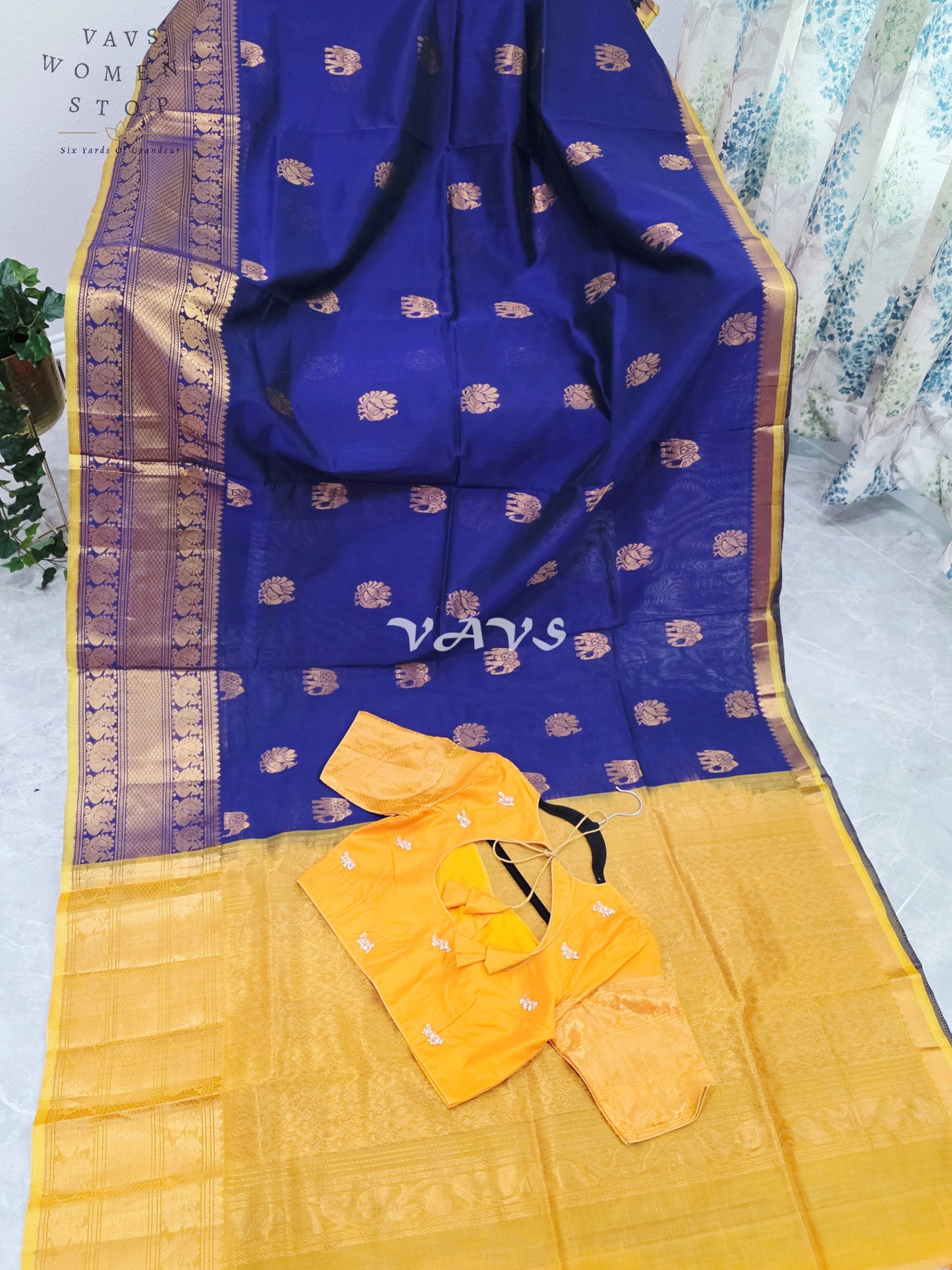 Royal Midnight Navy & Golden Marigold Mangalagiri Pattu Handloom Silk Cotton Saree with Antique Gold Zari Buttas & Stitched Blouse