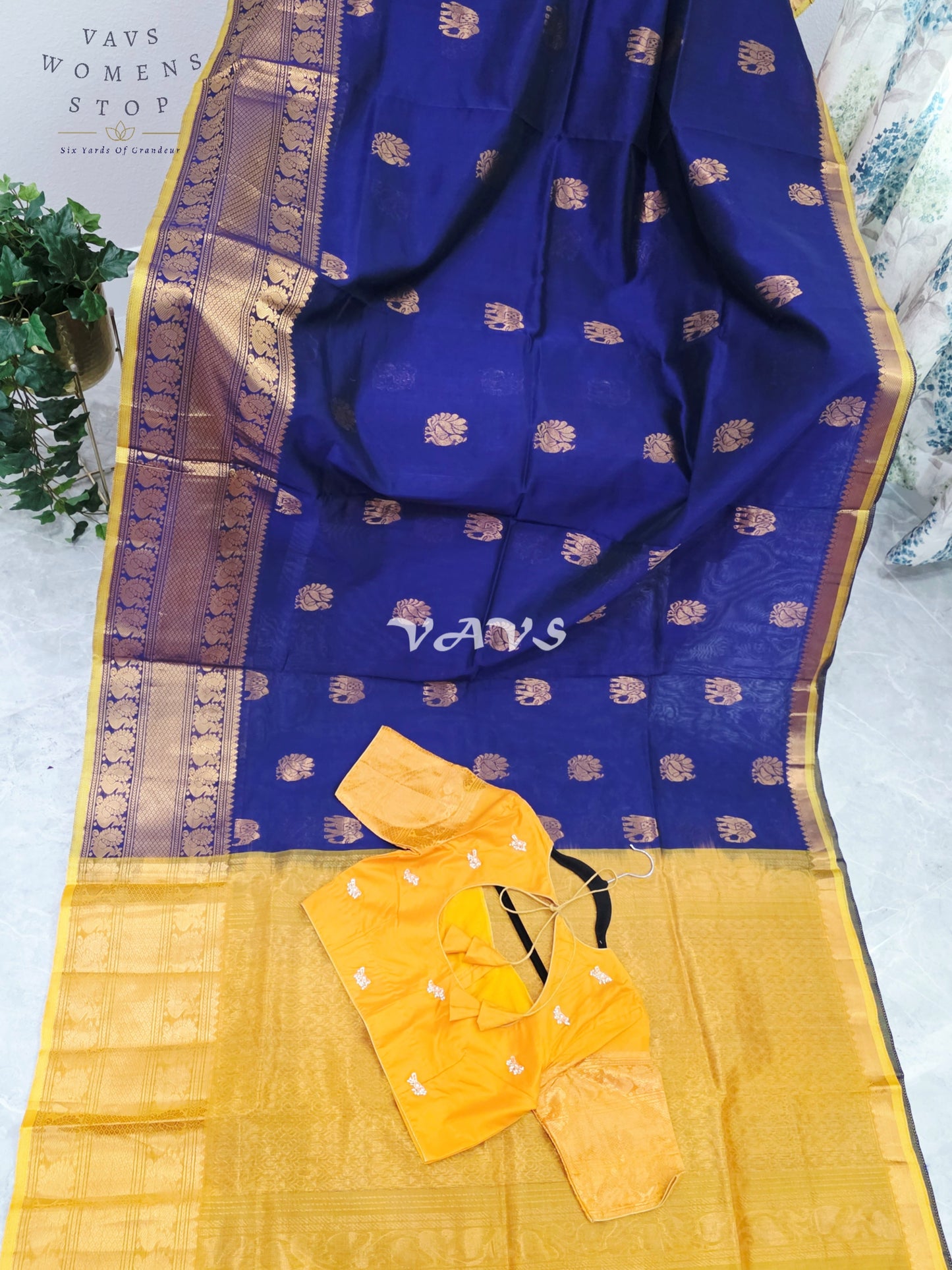 Royal Midnight Navy & Golden Marigold Mangalagiri Pattu Handloom Silk Cotton Saree with Antique Gold Zari Buttas & Stitched Blouse