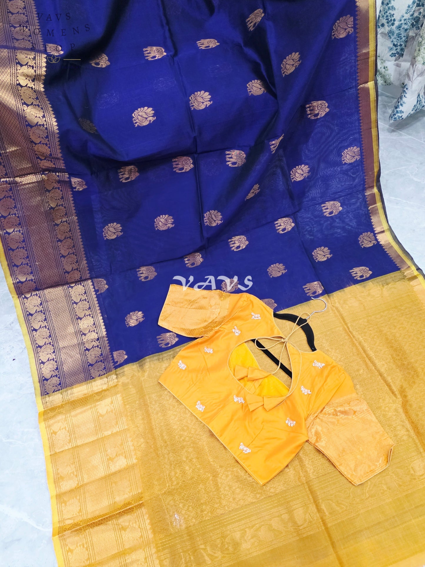 Royal Midnight Navy & Golden Marigold Mangalagiri Pattu Handloom Silk Cotton Saree with Antique Gold Zari Buttas & Stitched Blouse