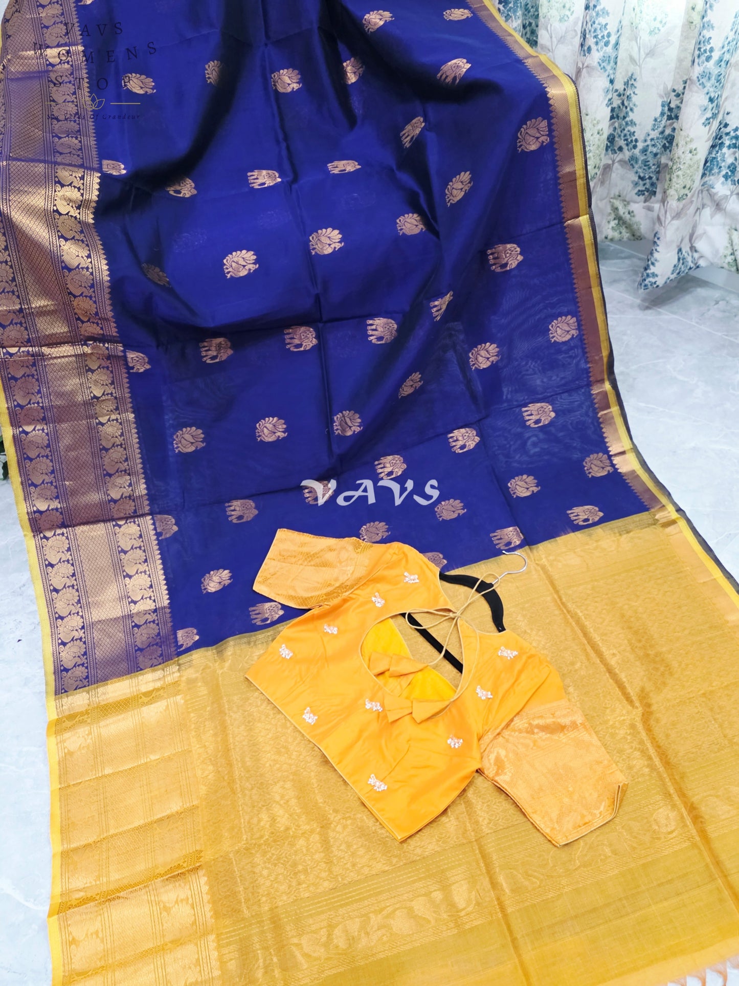 Royal Midnight Navy & Golden Marigold Mangalagiri Pattu Handloom Silk Cotton Saree with Antique Gold Zari Buttas & Stitched Blouse