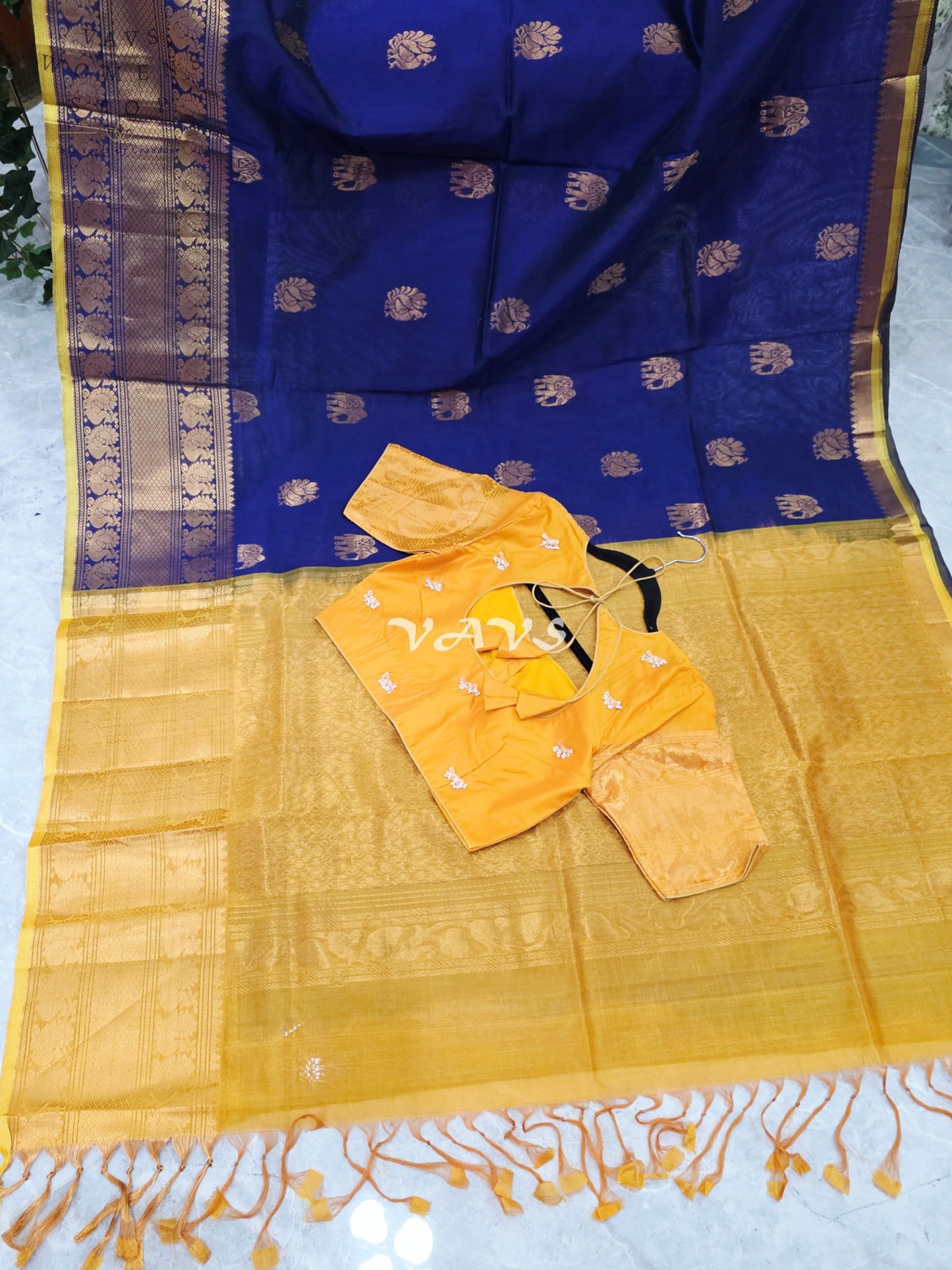 Royal Midnight Navy & Golden Marigold Mangalagiri Pattu Handloom Silk Cotton Saree with Antique Gold Zari Buttas & Stitched Blouse