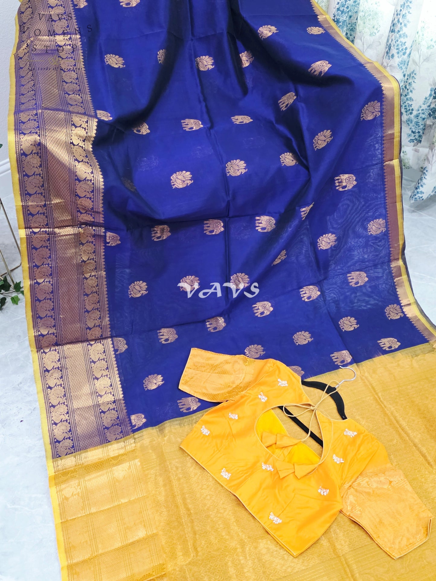 Royal Midnight Navy & Golden Marigold Mangalagiri Pattu Handloom Silk Cotton Saree with Antique Gold Zari Buttas & Stitched Blouse