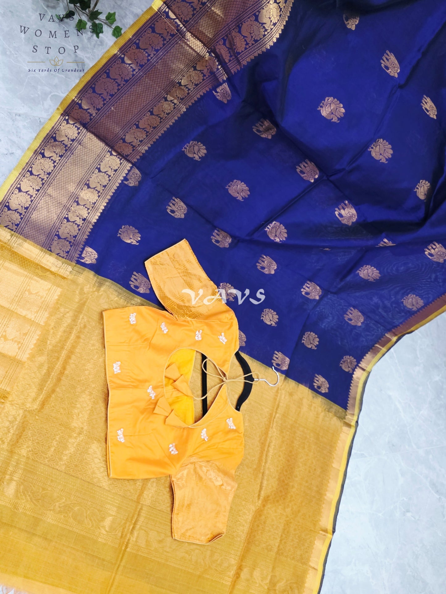 Royal Midnight Navy & Golden Marigold Mangalagiri Pattu Handloom Silk Cotton Saree with Antique Gold Zari Buttas & Stitched Blouse