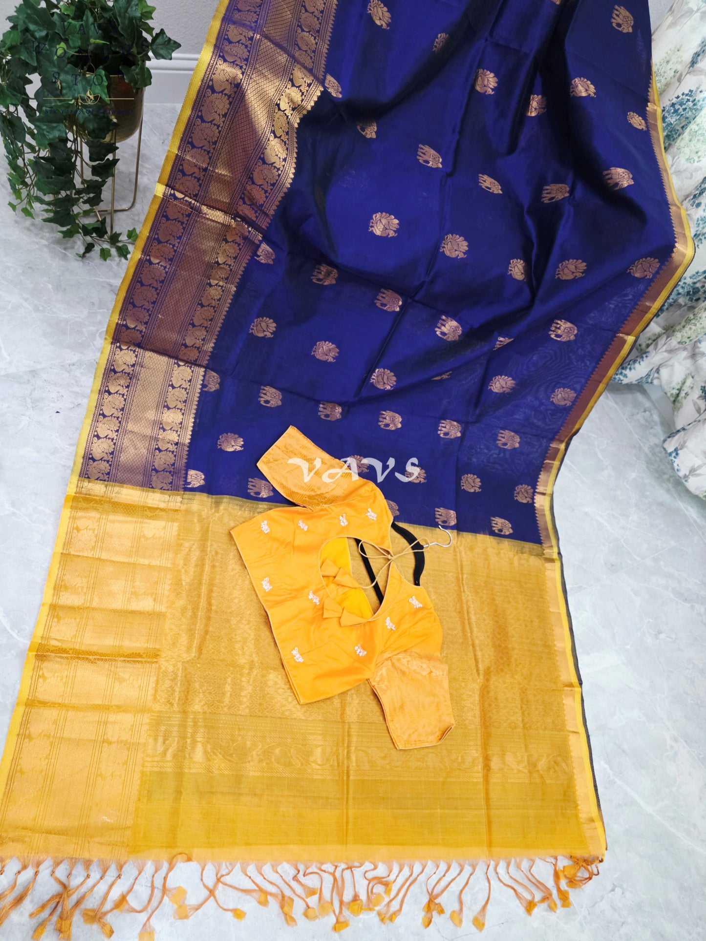 Royal Midnight Navy & Golden Marigold Mangalagiri Pattu Handloom Silk Cotton Saree with Antique Gold Zari Buttas & Stitched Blouse