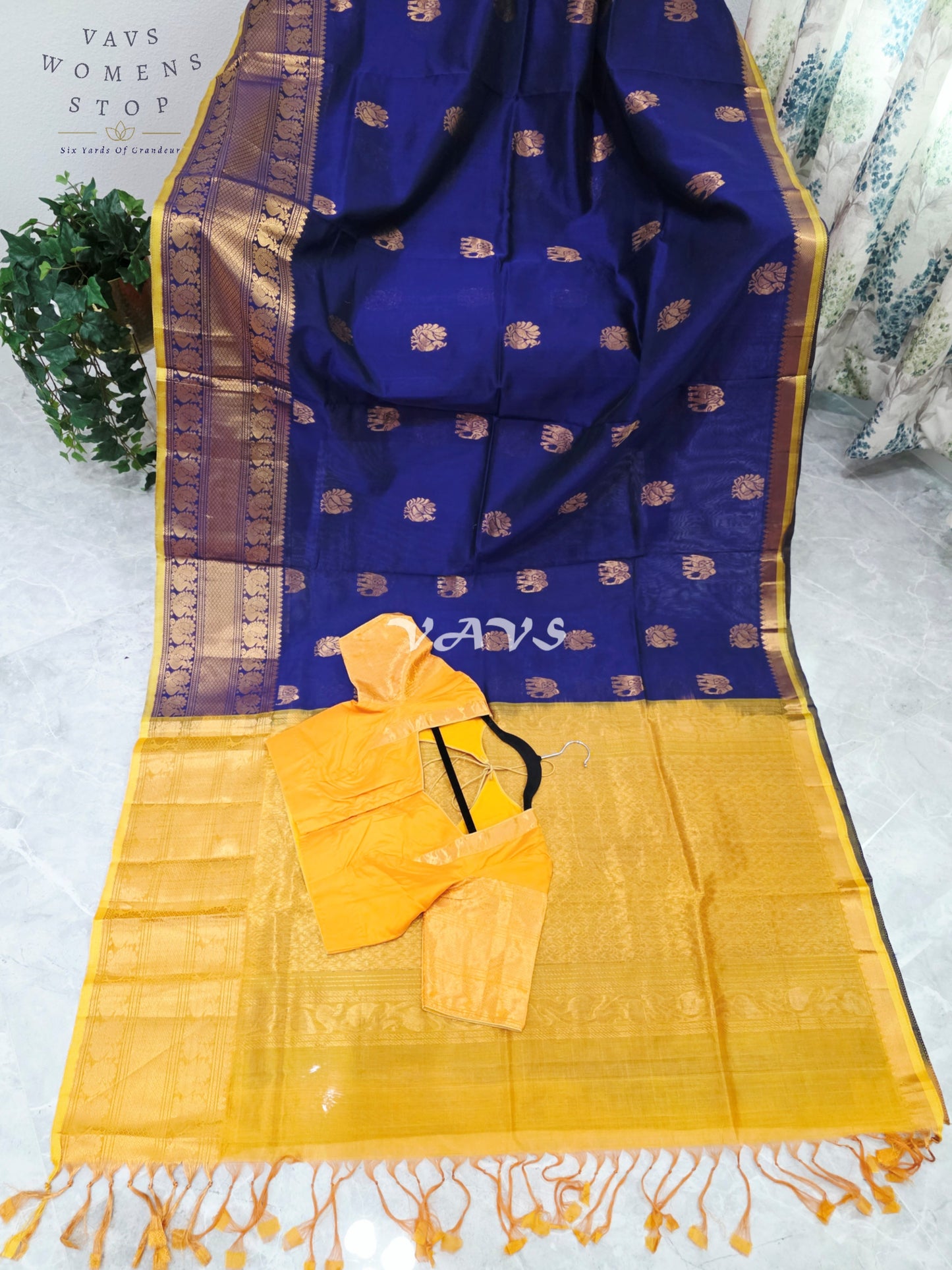 Royal Midnight Navy & Golden Marigold Mangalagiri Pattu Handloom Silk Cotton Saree with Antique Gold Zari Buttas & Stitched Blouse