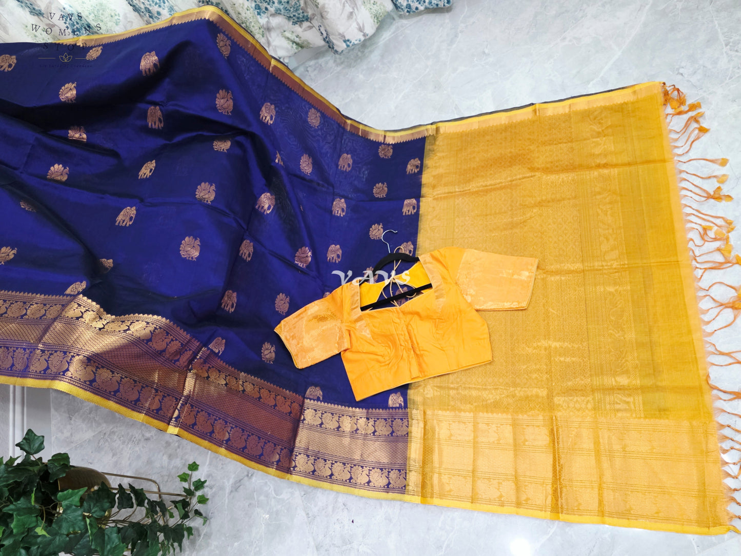 Royal Midnight Navy & Golden Marigold Mangalagiri Pattu Handloom Silk Cotton Saree with Antique Gold Zari Buttas & Stitched Blouse