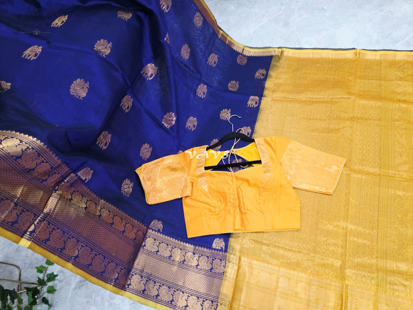 Royal Midnight Navy & Golden Marigold Mangalagiri Pattu Handloom Silk Cotton Saree with Antique Gold Zari Buttas & Stitched Blouse