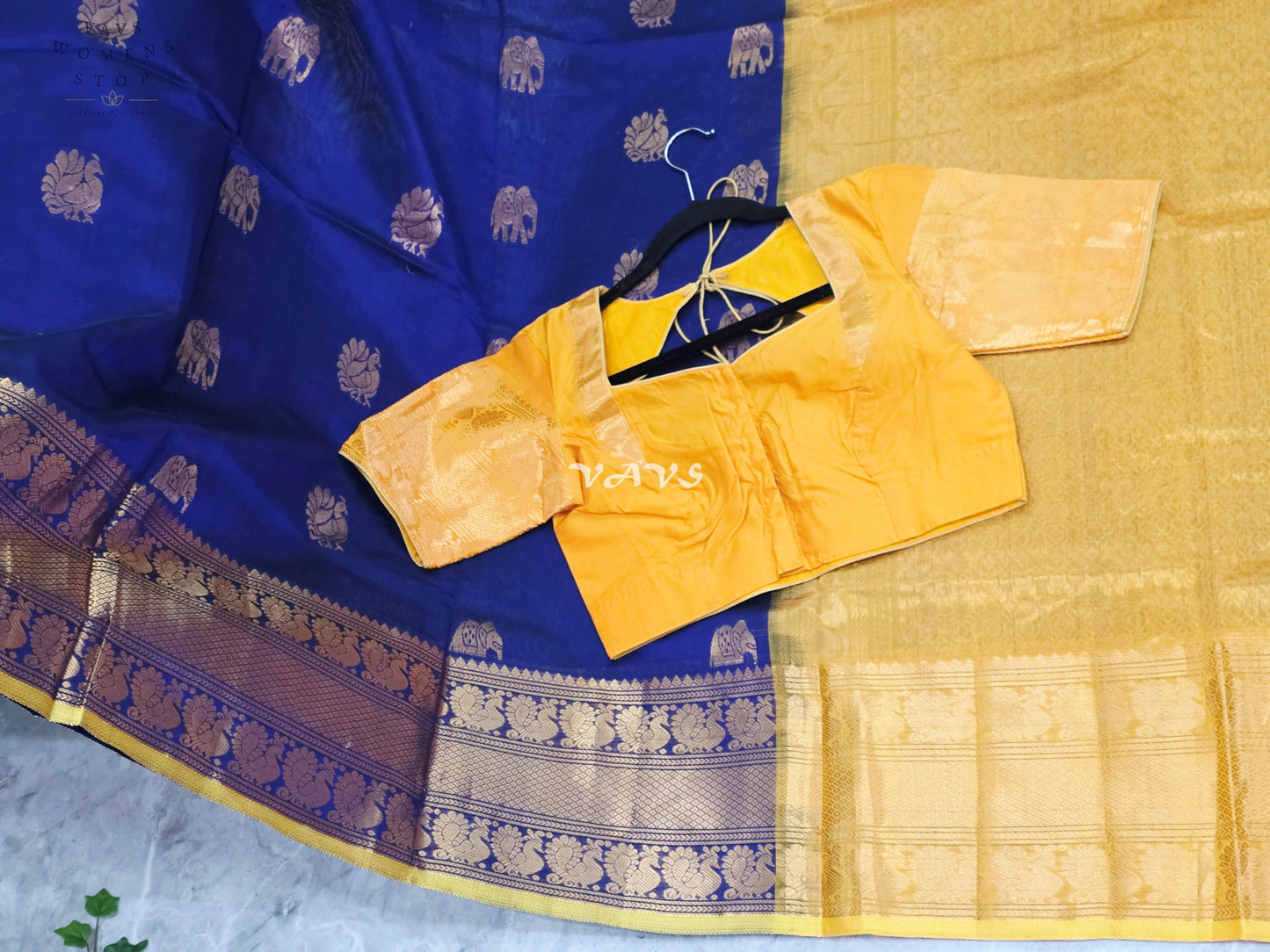 Royal Midnight Navy & Golden Marigold Mangalagiri Pattu Handloom Silk Cotton Saree with Antique Gold Zari Buttas & Stitched Blouse