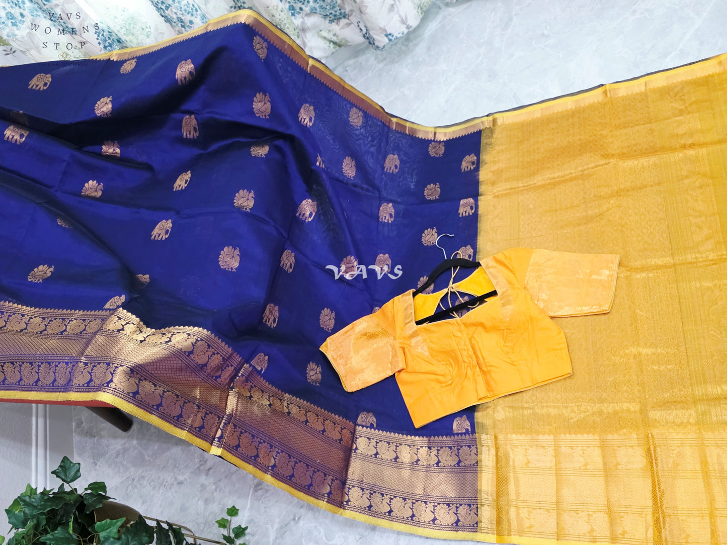 Royal Midnight Navy & Golden Marigold Mangalagiri Pattu Handloom Silk Cotton Saree with Antique Gold Zari Buttas & Stitched Blouse