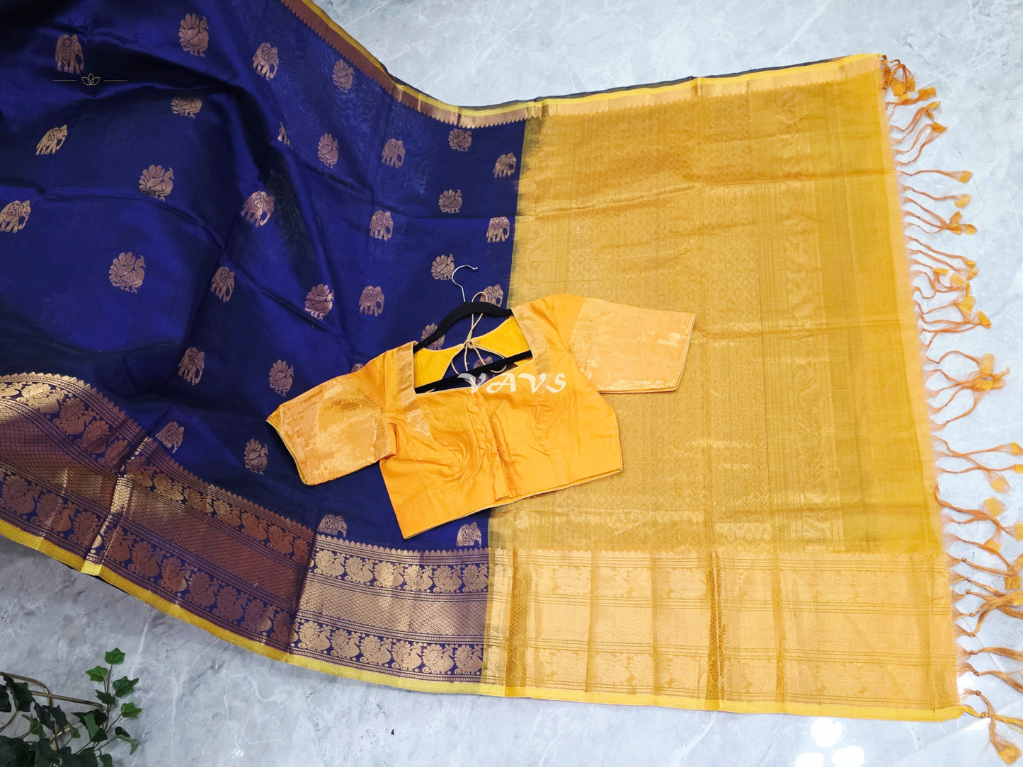 Royal Midnight Navy & Golden Marigold Mangalagiri Pattu Handloom Silk Cotton Saree with Antique Gold Zari Buttas & Stitched Blouse
