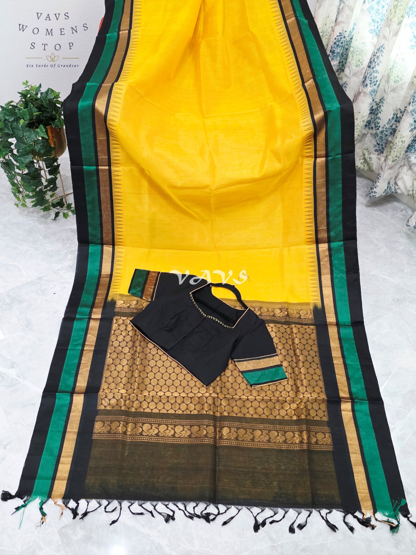 Royal Sunlit Marigold Yellow Pure Kuppadam Pattu Temple Border Silk Cotton Saree with Emerald Green & Black Border Stitched Blouse