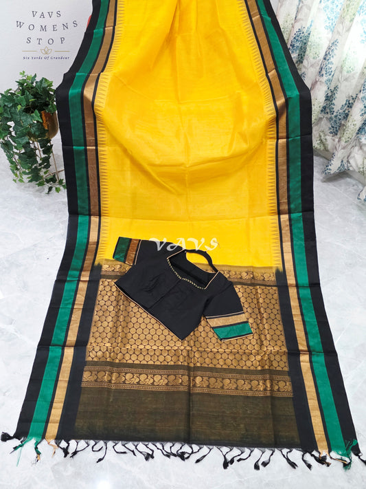 Royal Sunlit Marigold Yellow Pure Kuppadam Pattu Temple Border Silk Cotton Saree with Emerald Green & Black Border Stitched Blouse