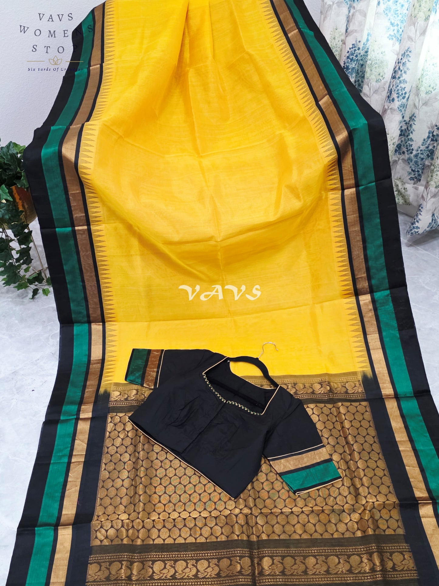 Royal Sunlit Marigold Yellow Pure Kuppadam Pattu Temple Border Silk Cotton Saree with Emerald Green & Black Border Stitched Blouse
