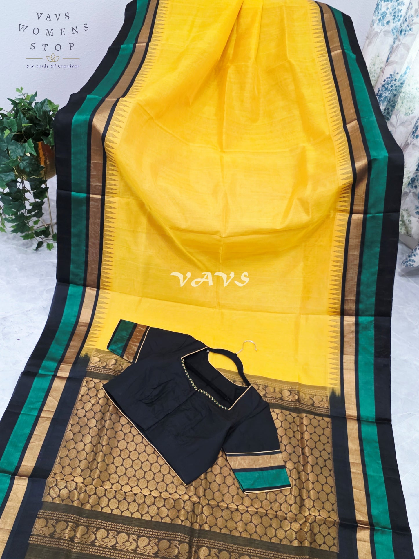 Royal Sunlit Marigold Yellow Pure Kuppadam Pattu Temple Border Silk Cotton Saree with Emerald Green & Black Border Stitched Blouse