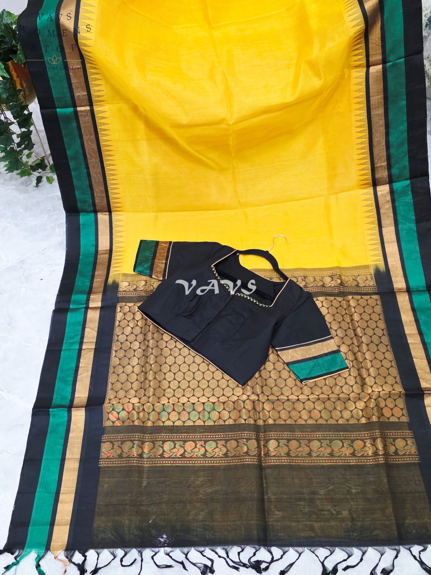 Royal Sunlit Marigold Yellow Pure Kuppadam Pattu Temple Border Silk Cotton Saree with Emerald Green & Black Border Stitched Blouse