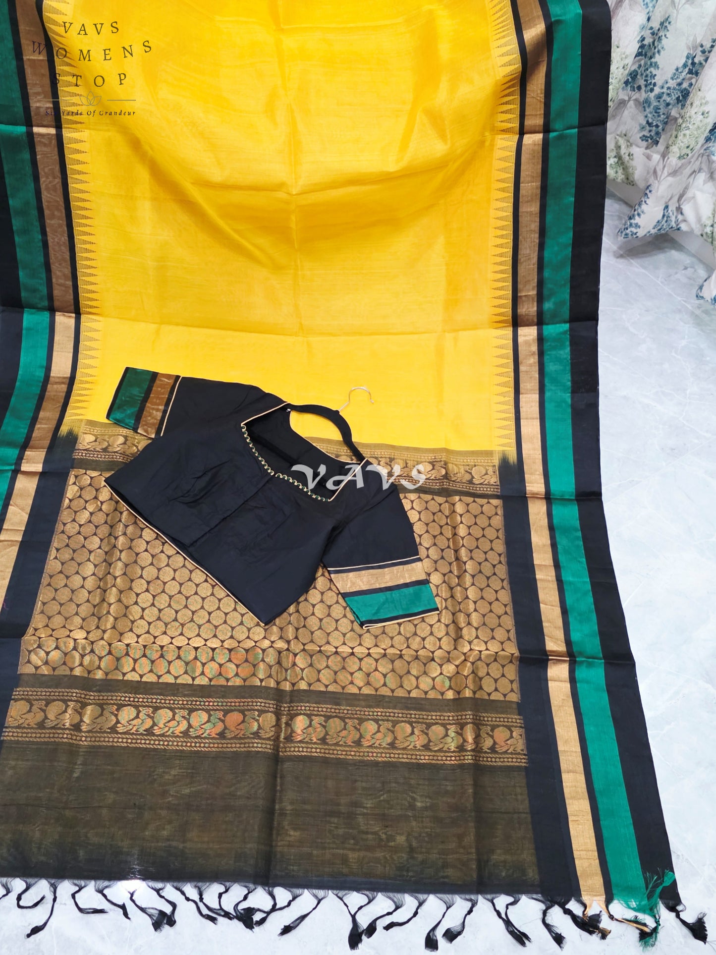 Royal Sunlit Marigold Yellow Pure Kuppadam Pattu Temple Border Silk Cotton Saree with Emerald Green & Black Border Stitched Blouse