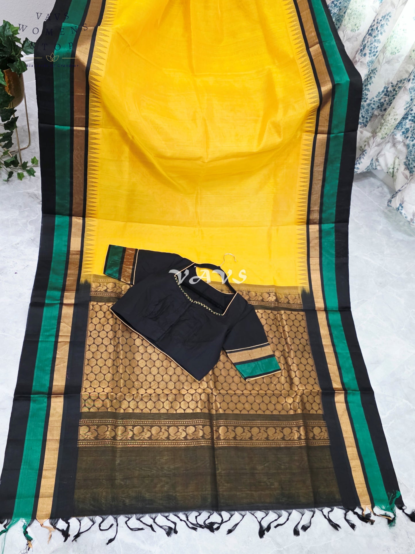 Royal Sunlit Marigold Yellow Pure Kuppadam Pattu Temple Border Silk Cotton Saree with Emerald Green & Black Border Stitched Blouse