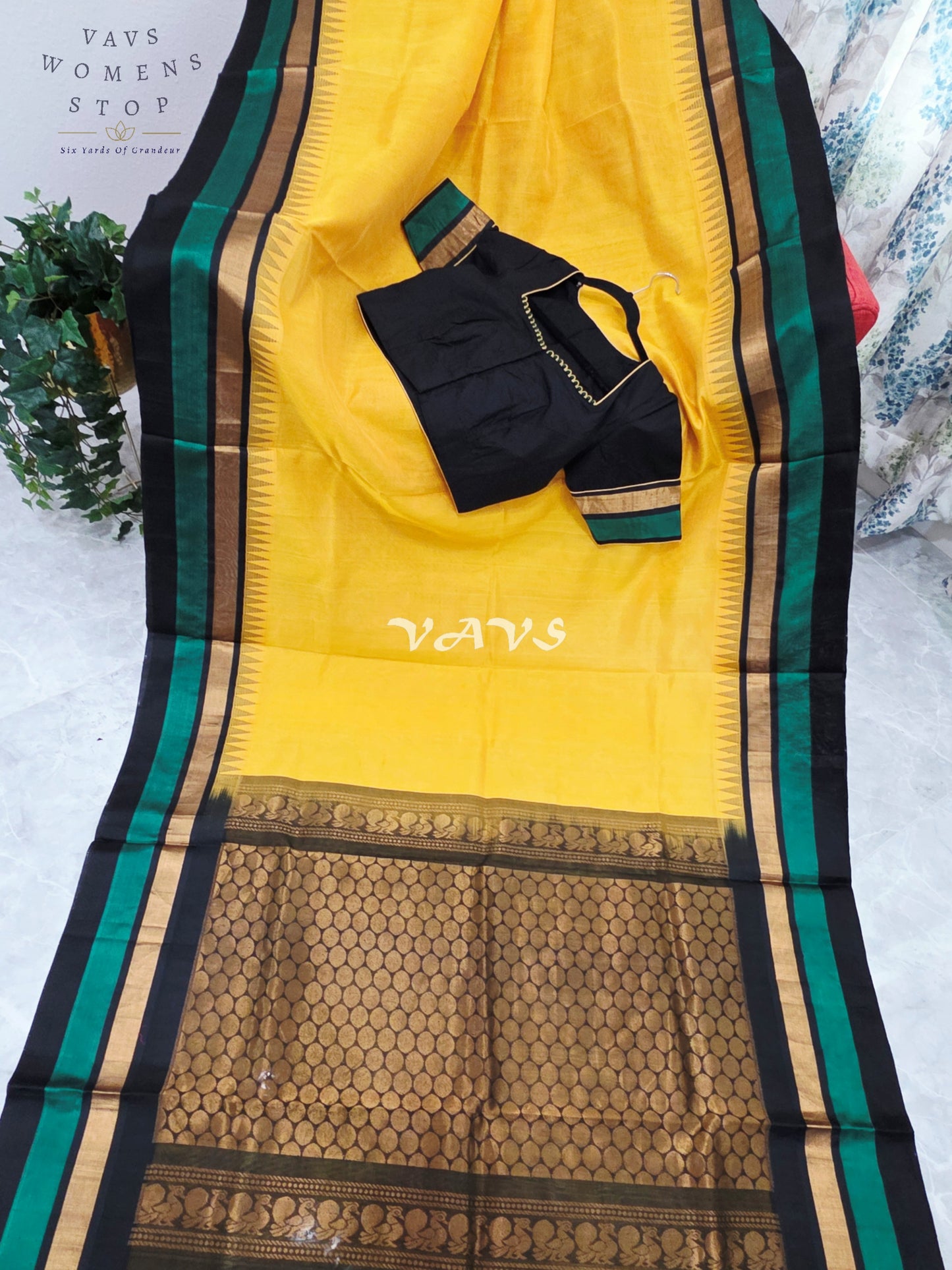 Royal Sunlit Marigold Yellow Pure Kuppadam Pattu Temple Border Silk Cotton Saree with Emerald Green & Black Border Stitched Blouse
