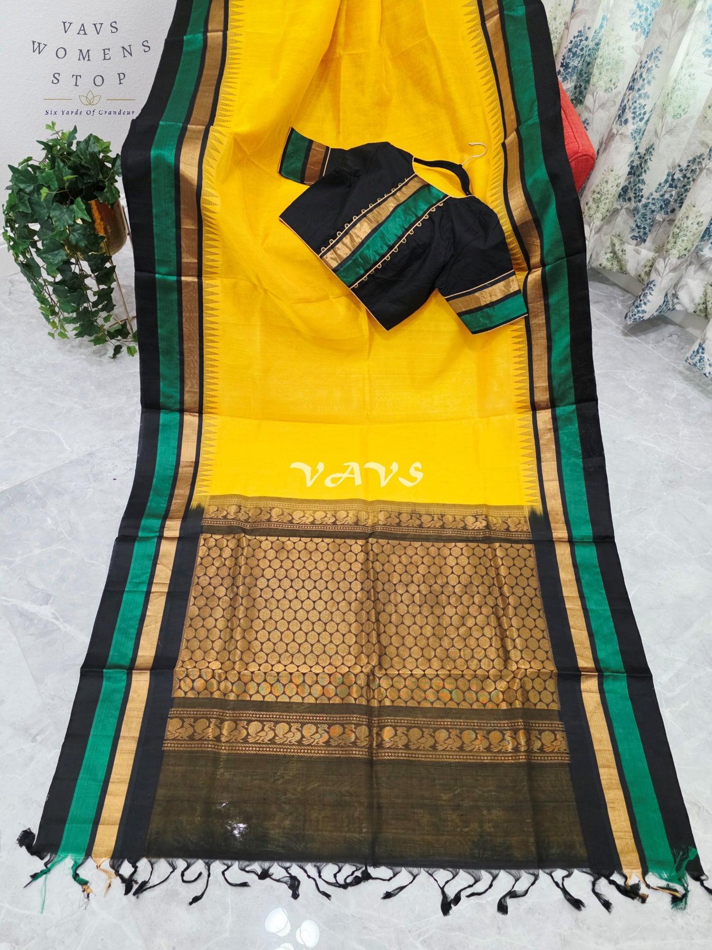 Royal Sunlit Marigold Yellow Pure Kuppadam Pattu Temple Border Silk Cotton Saree with Emerald Green & Black Border Stitched Blouse