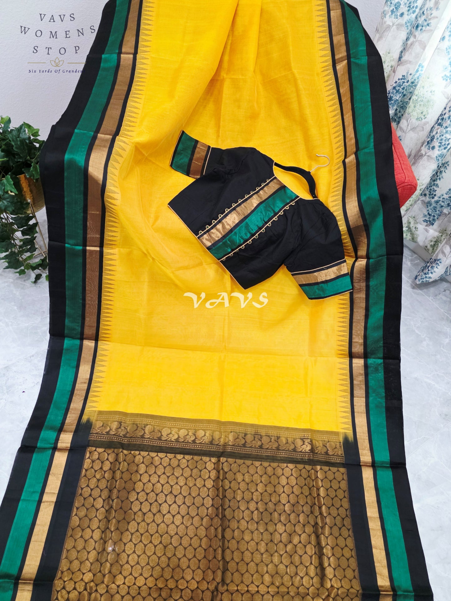 Royal Sunlit Marigold Yellow Pure Kuppadam Pattu Temple Border Silk Cotton Saree with Emerald Green & Black Border Stitched Blouse