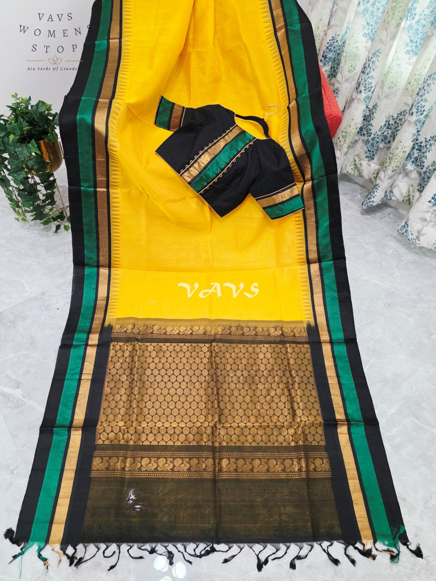 Royal Sunlit Marigold Yellow Pure Kuppadam Pattu Temple Border Silk Cotton Saree with Emerald Green & Black Border Stitched Blouse