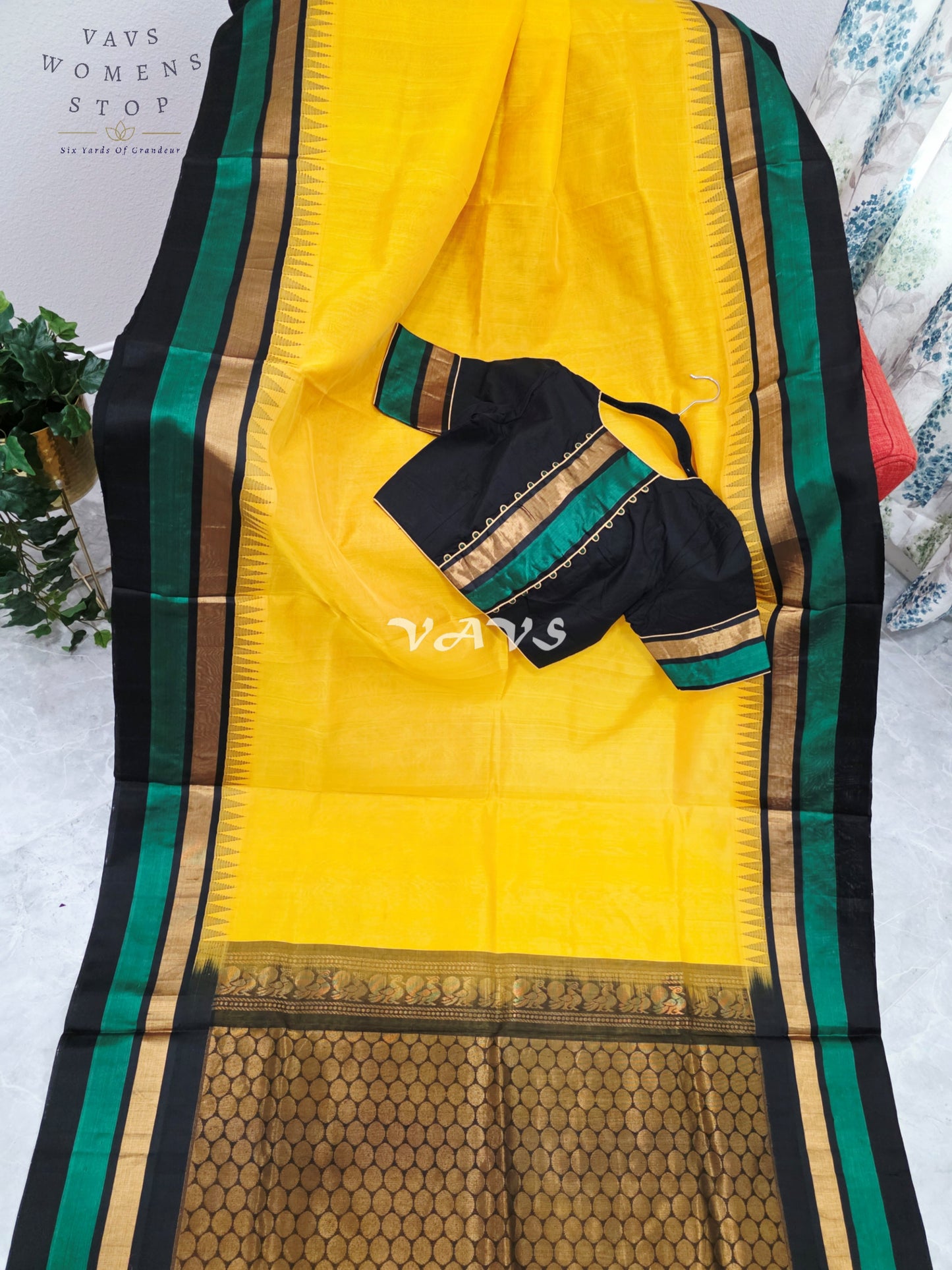 Royal Sunlit Marigold Yellow Pure Kuppadam Pattu Temple Border Silk Cotton Saree with Emerald Green & Black Border Stitched Blouse