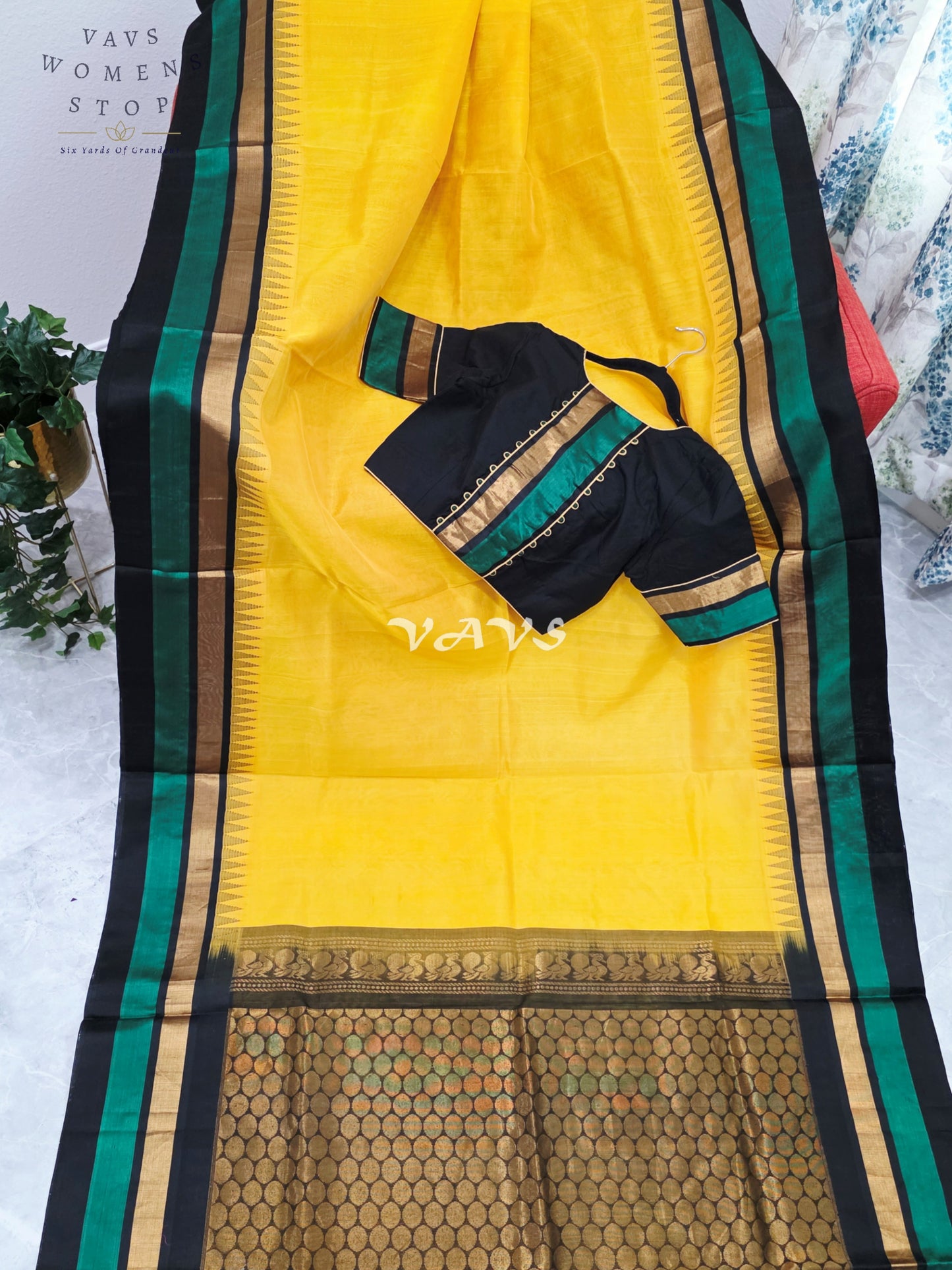 Royal Sunlit Marigold Yellow Pure Kuppadam Pattu Temple Border Silk Cotton Saree with Emerald Green & Black Border Stitched Blouse