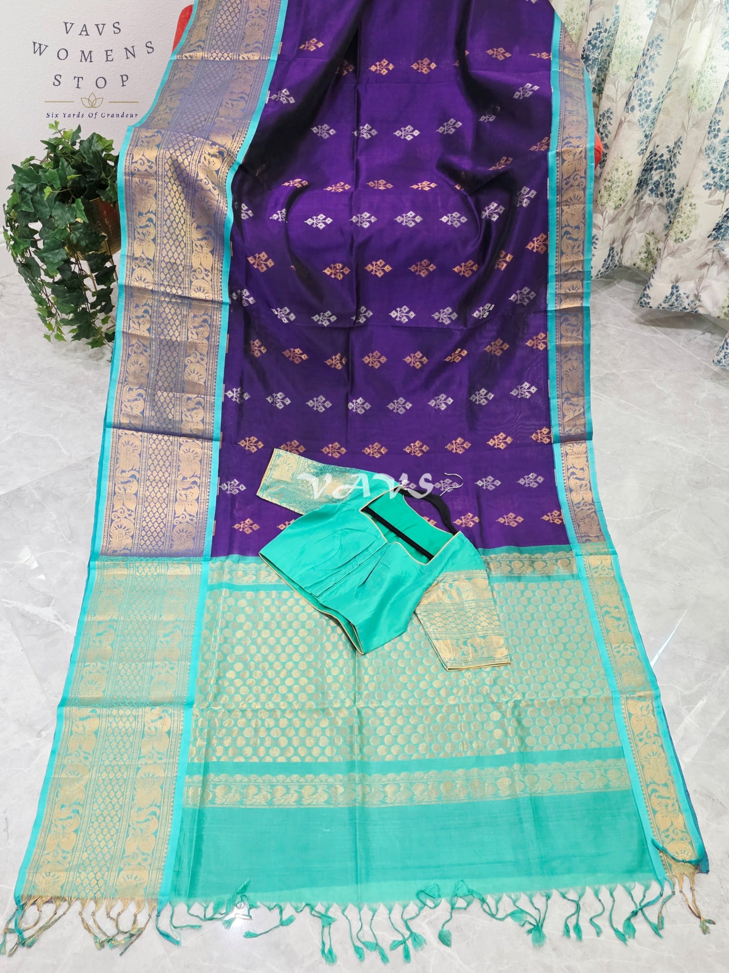 Royal Imperial Purple & Aqua Turquoise Mangalagiri Pattu Handloom Silk Cotton Saree with Antique Gold Zari Border & Stitched Blouse