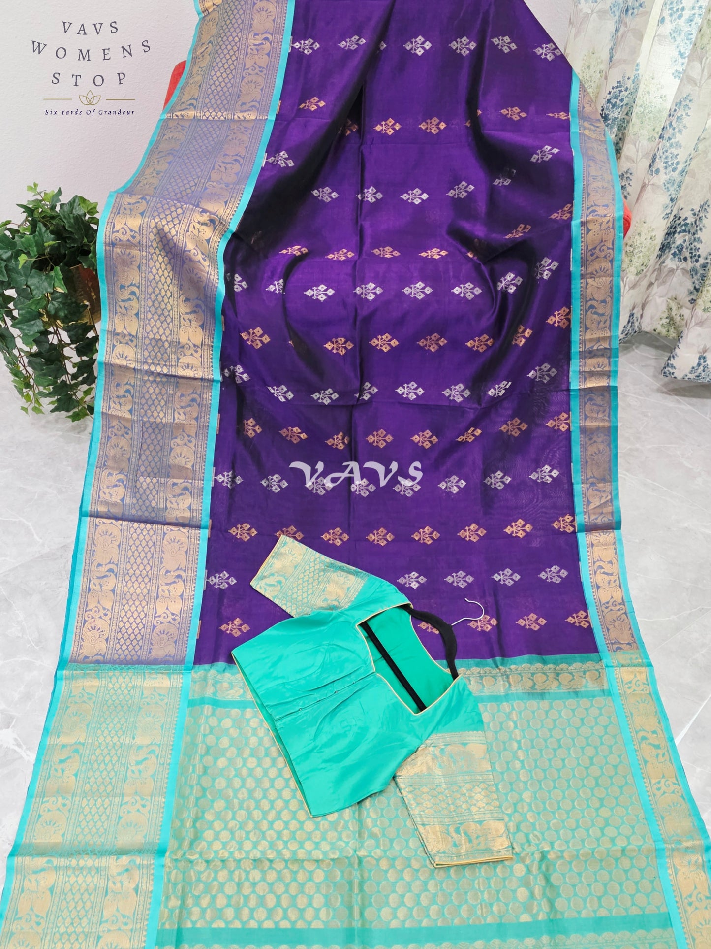 Royal Imperial Purple & Aqua Turquoise Mangalagiri Pattu Handloom Silk Cotton Saree with Antique Gold Zari Border & Stitched Blouse