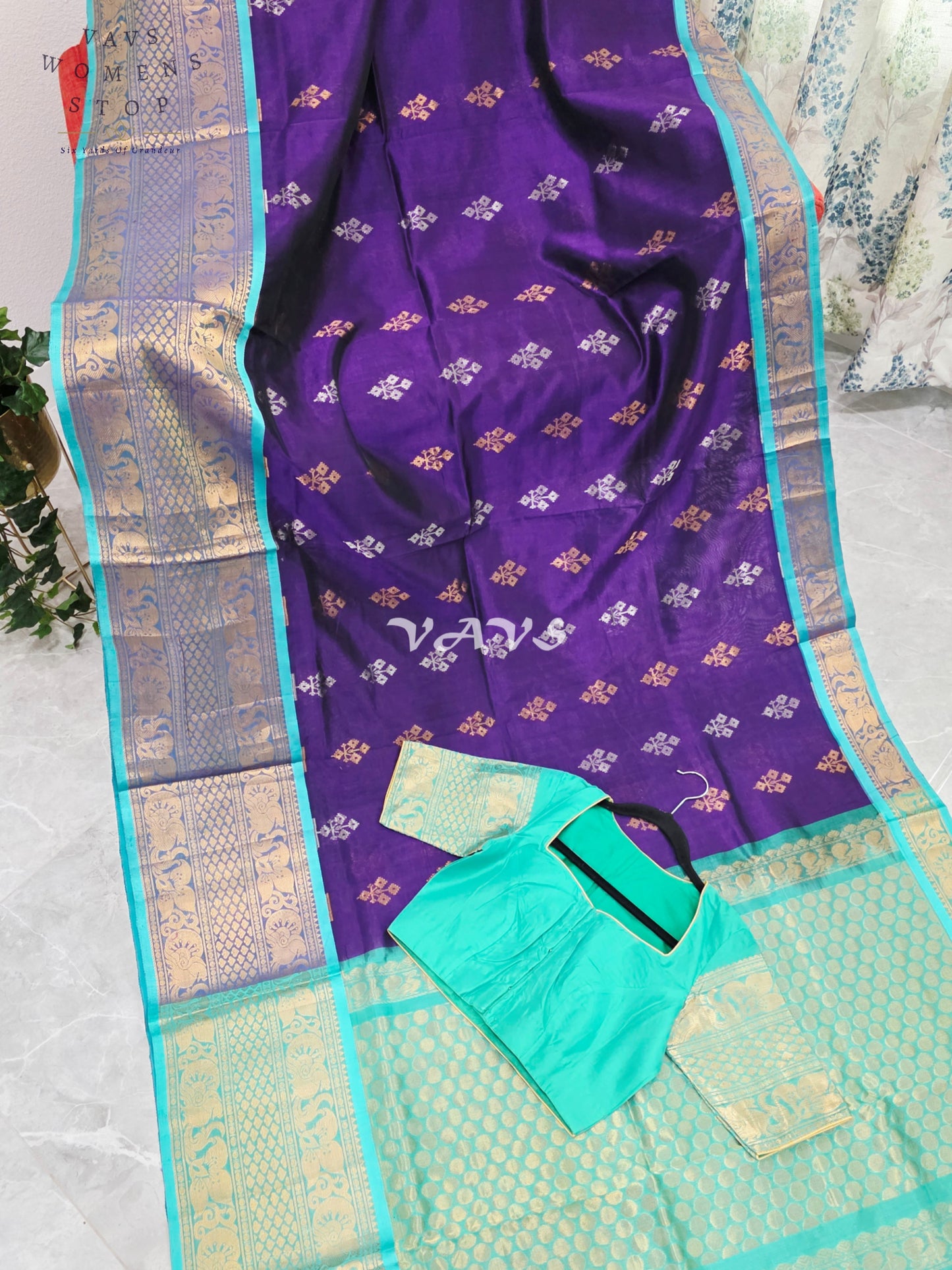 Royal Imperial Purple & Aqua Turquoise Mangalagiri Pattu Handloom Silk Cotton Saree with Antique Gold Zari Border & Stitched Blouse