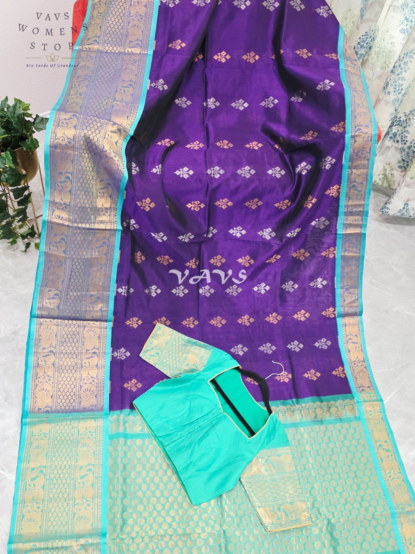 Royal Imperial Purple & Aqua Turquoise Mangalagiri Pattu Handloom Silk Cotton Saree with Antique Gold Zari Border & Stitched Blouse