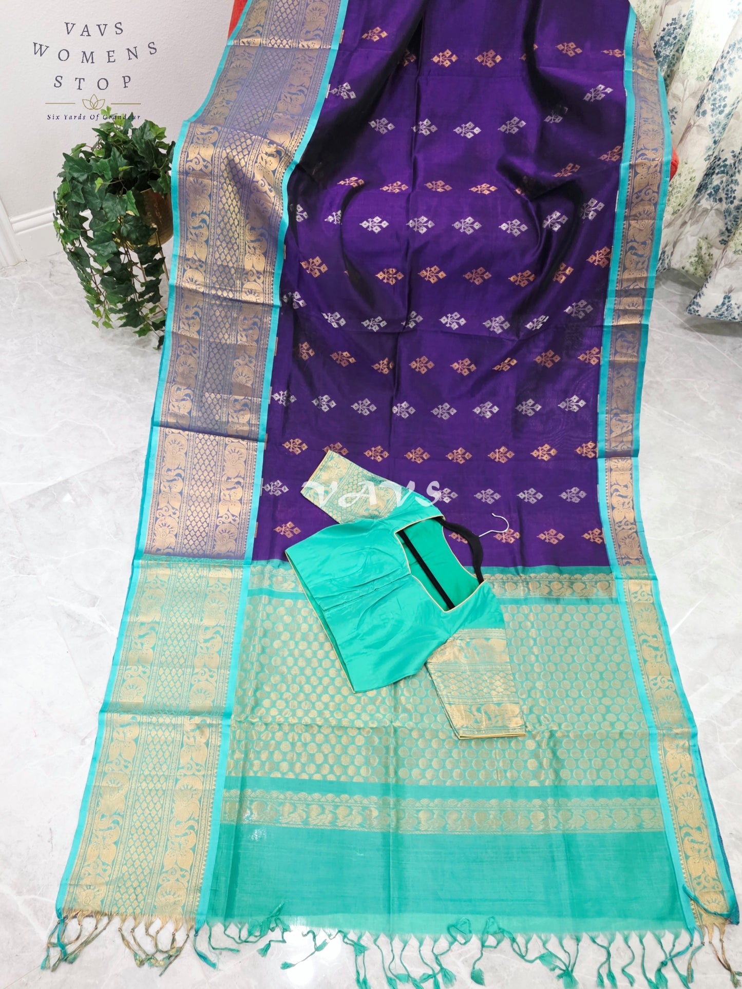 Royal Imperial Purple & Aqua Turquoise Mangalagiri Pattu Handloom Silk Cotton Saree with Antique Gold Zari Border & Stitched Blouse