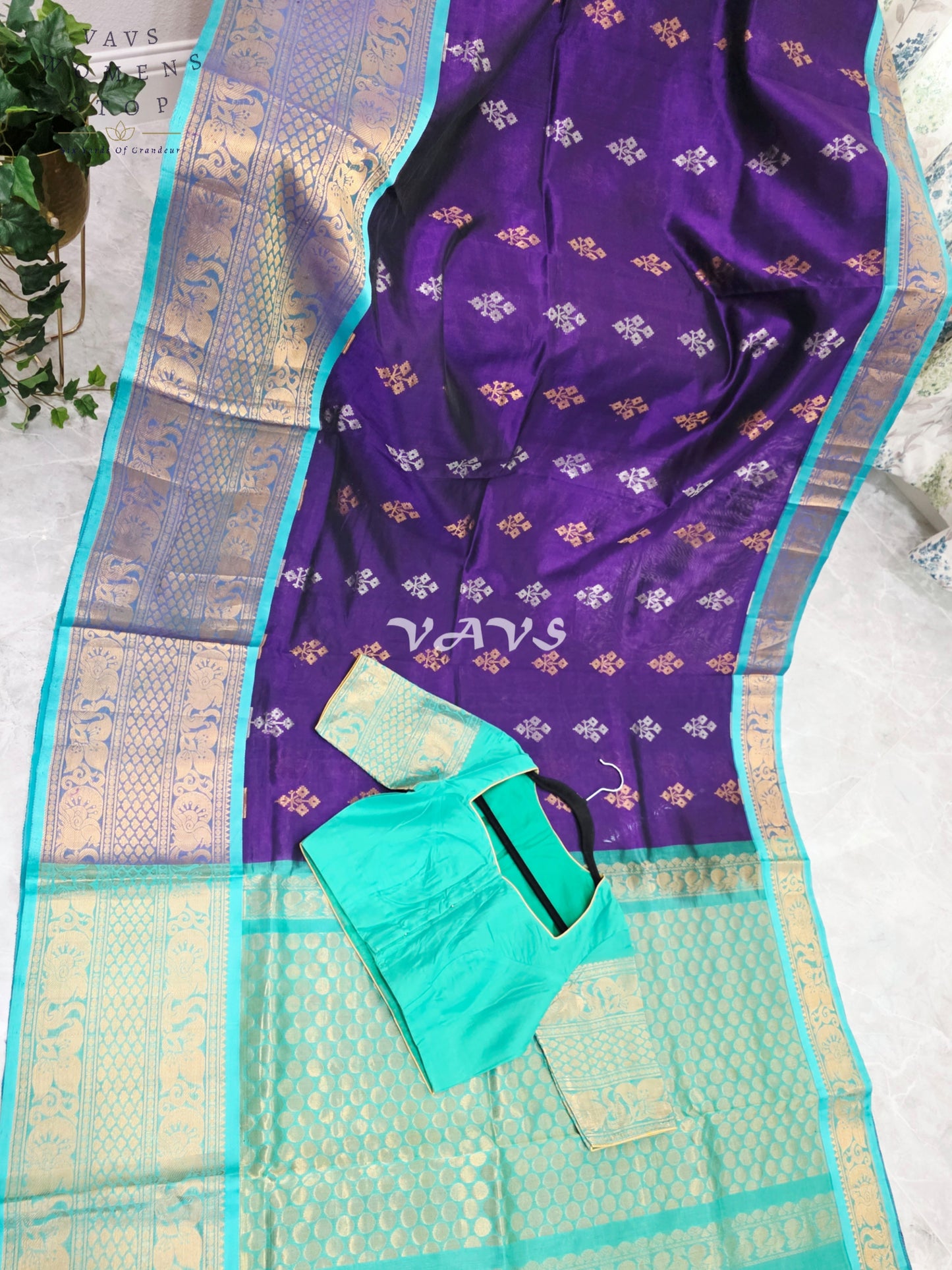 Royal Imperial Purple & Aqua Turquoise Mangalagiri Pattu Handloom Silk Cotton Saree with Antique Gold Zari Border & Stitched Blouse