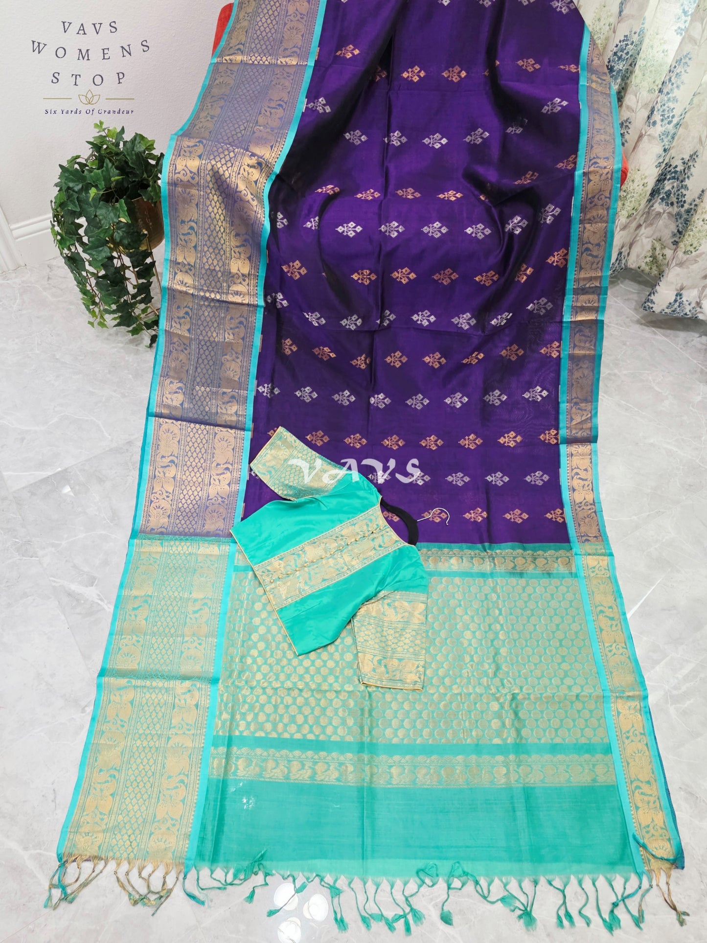 Royal Imperial Purple & Aqua Turquoise Mangalagiri Pattu Handloom Silk Cotton Saree with Antique Gold Zari Border & Stitched Blouse