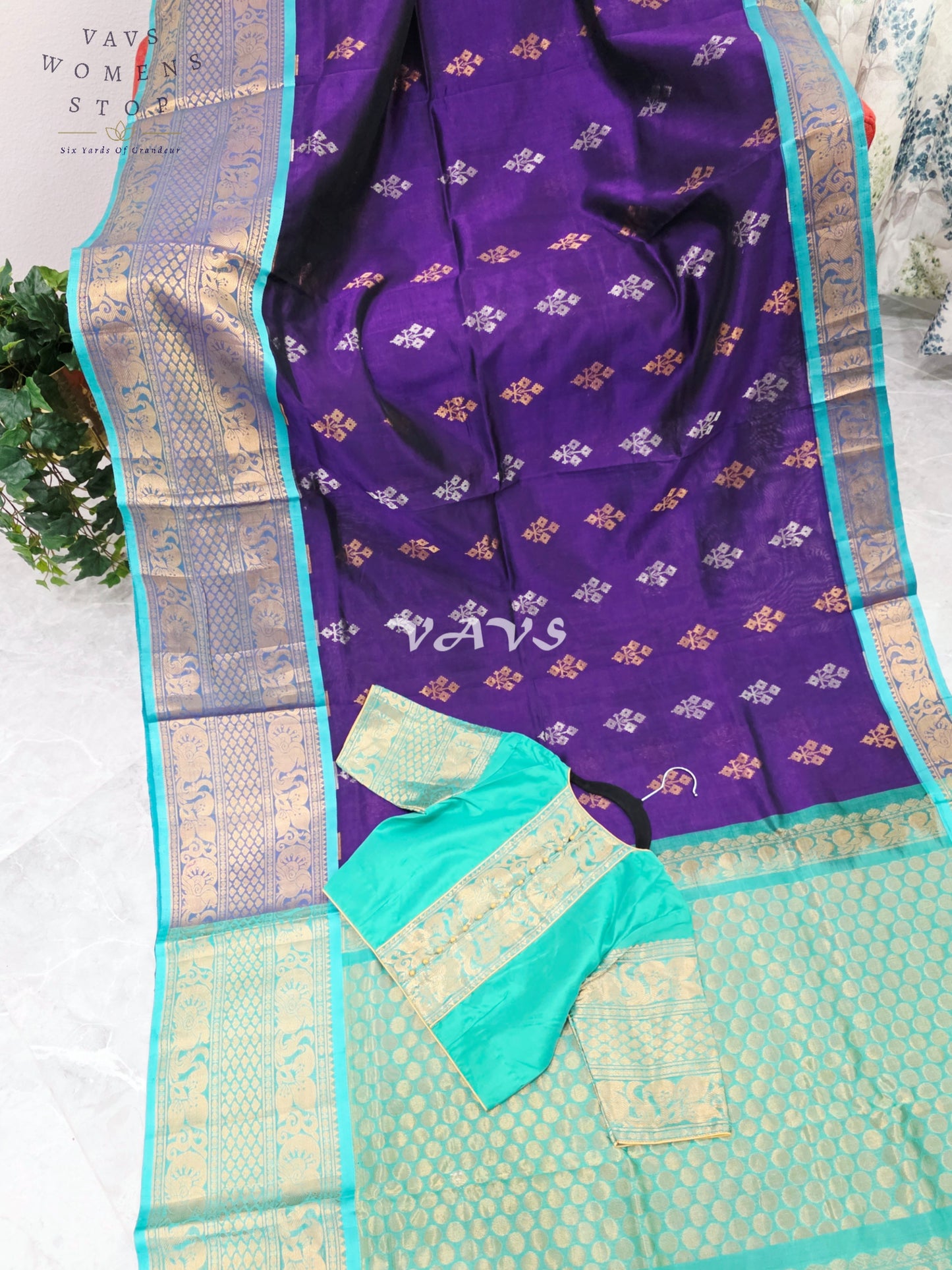 Royal Imperial Purple & Aqua Turquoise Mangalagiri Pattu Handloom Silk Cotton Saree with Antique Gold Zari Border & Stitched Blouse