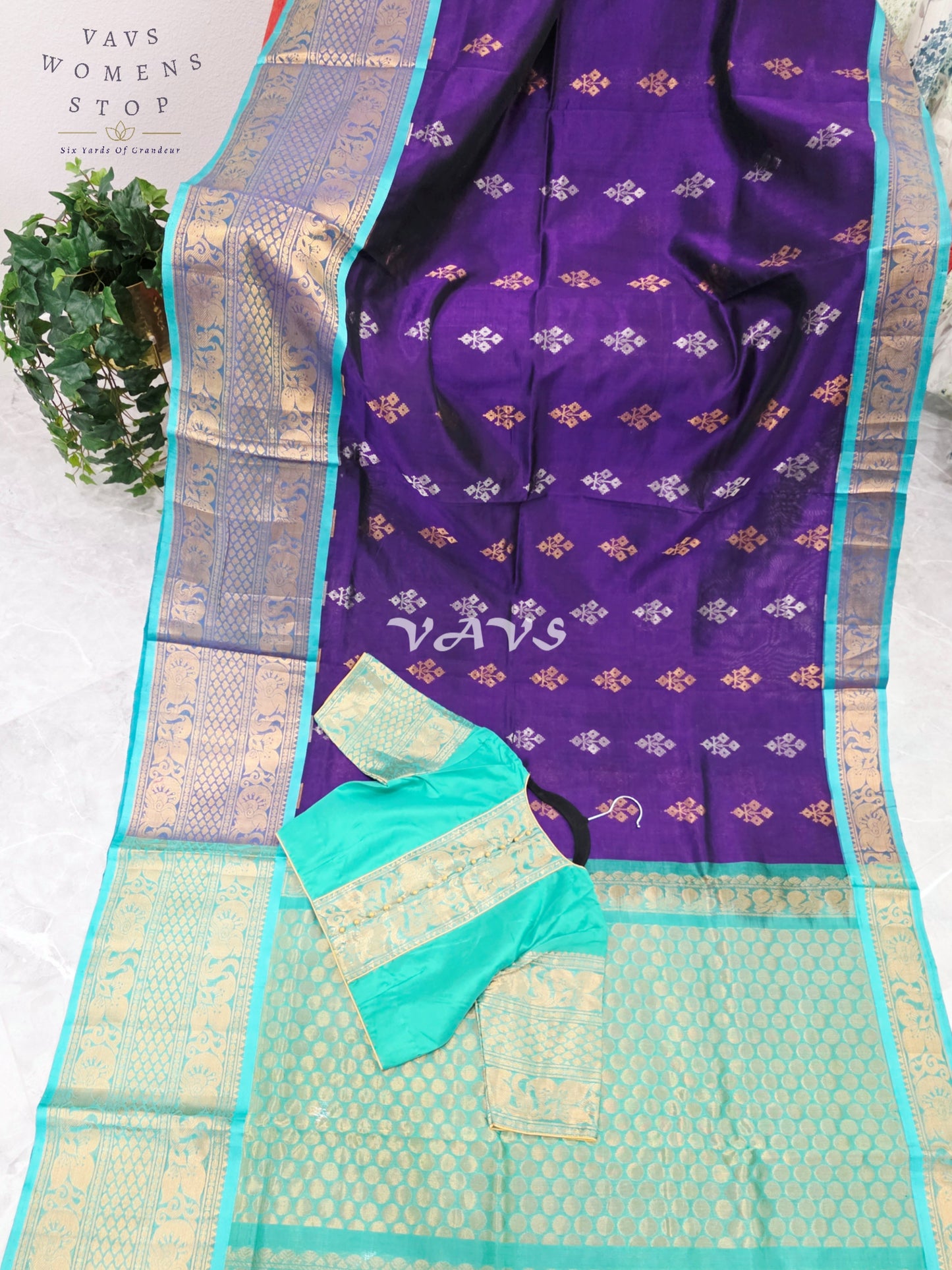 Royal Imperial Purple & Aqua Turquoise Mangalagiri Pattu Handloom Silk Cotton Saree with Antique Gold Zari Border & Stitched Blouse