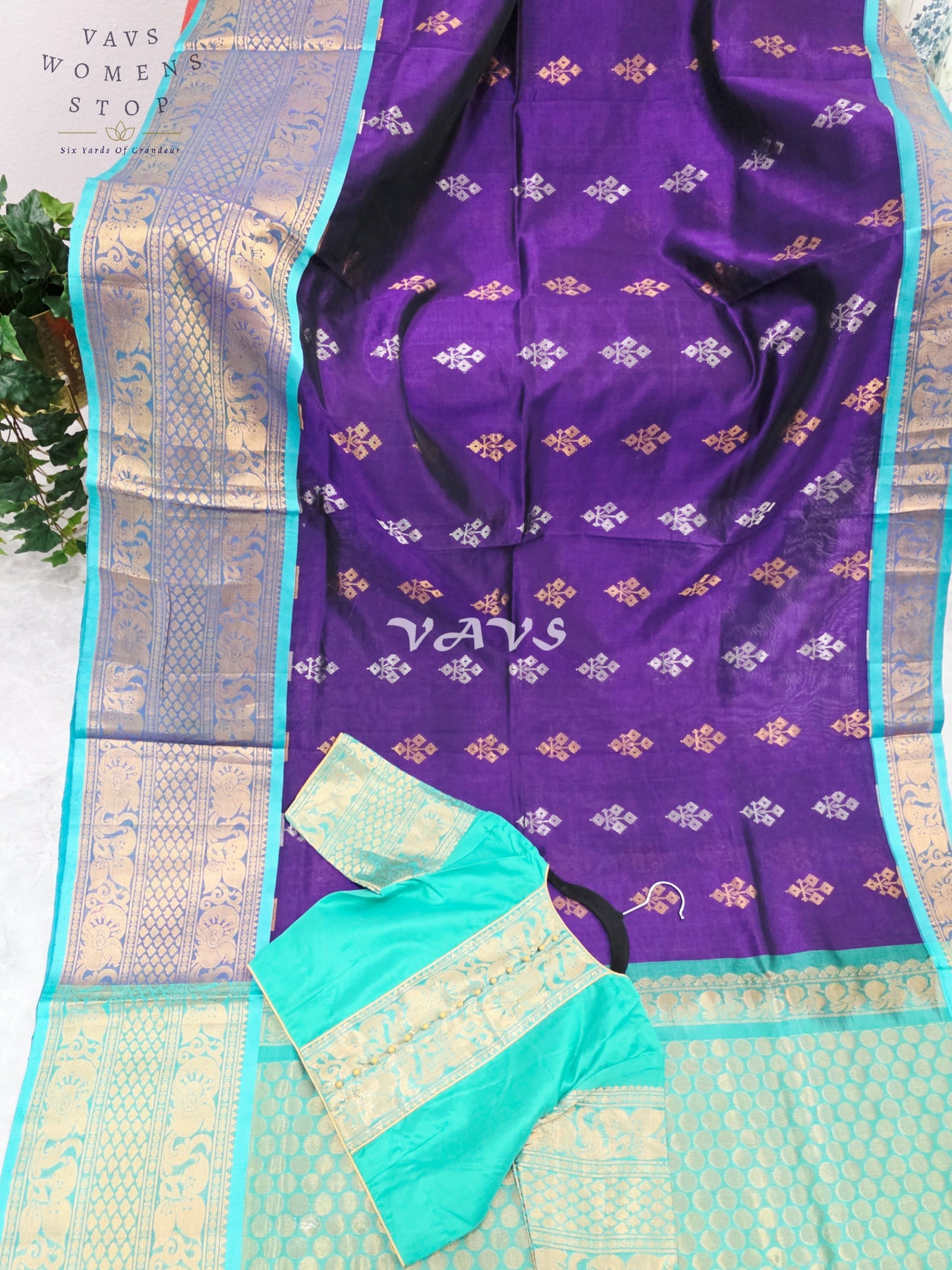 Royal Imperial Purple & Aqua Turquoise Mangalagiri Pattu Handloom Silk Cotton Saree with Antique Gold Zari Border & Stitched Blouse